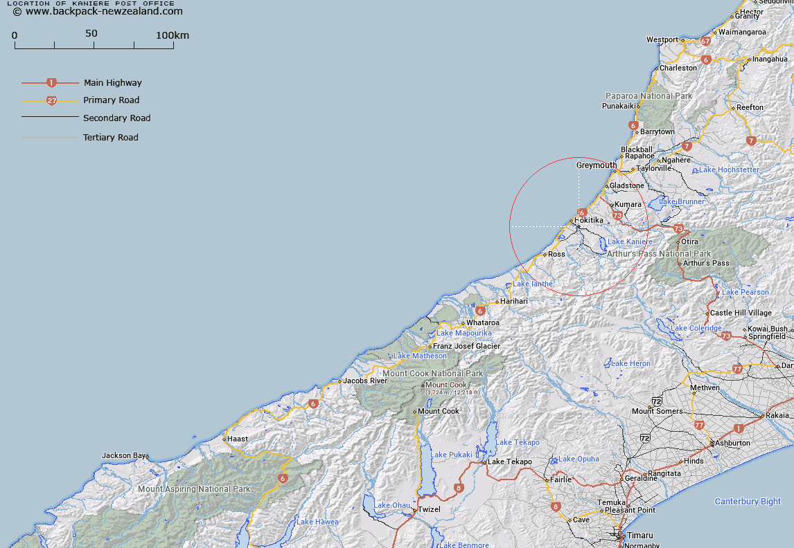 Kaniere Post Office Map New Zealand