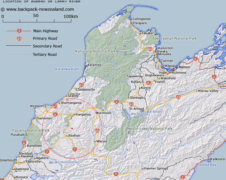 Awarau or Larry River Map New Zealand