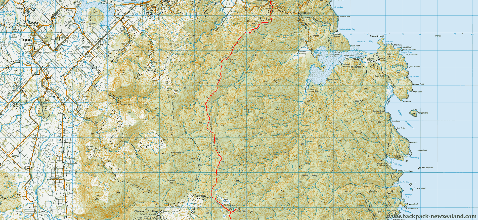 Inland Track - Area Bdy To Pigeon Saddle Map - New Zealand Tracks