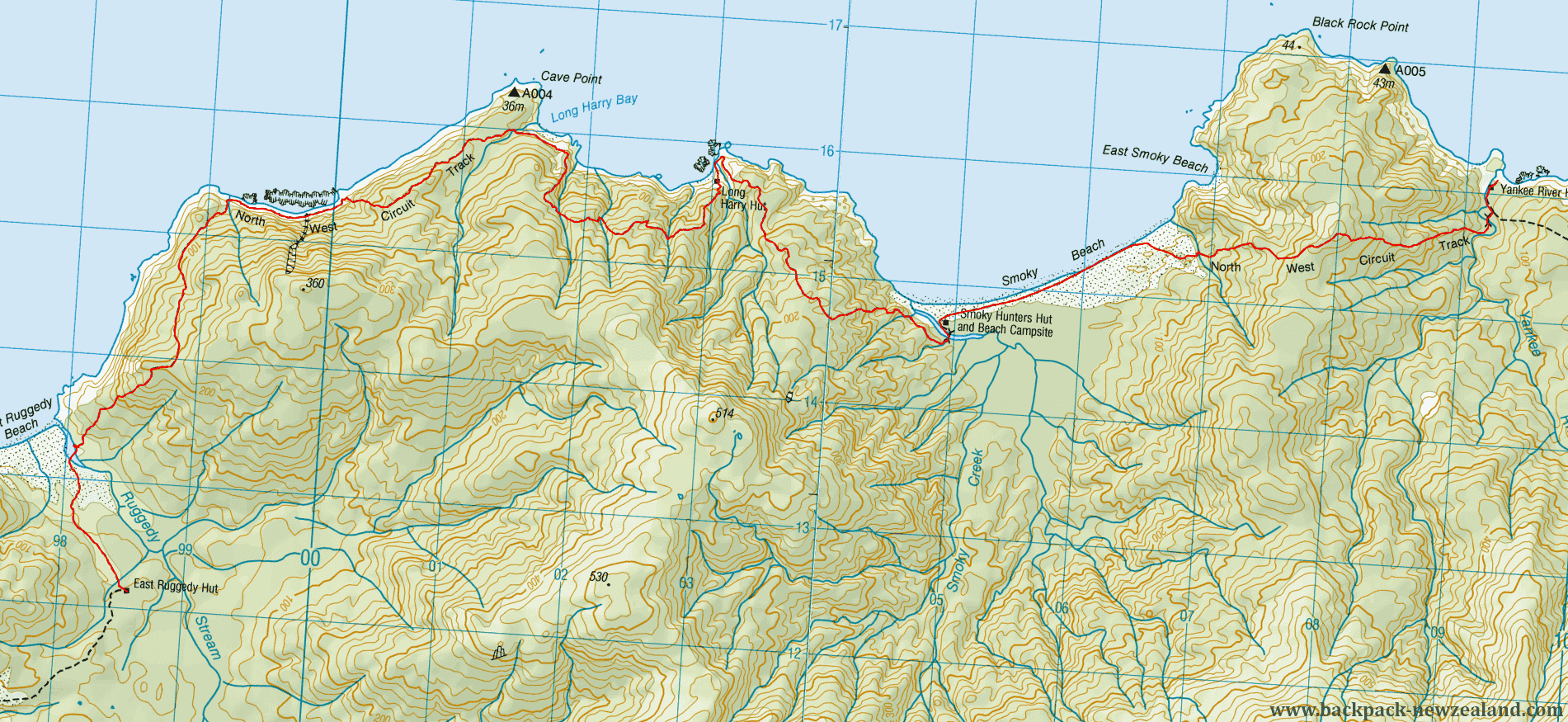 Track - Yankee River Hut To East Ruggedy Map - New Zealand Tracks